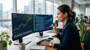 Ações ordinárias vs preferenciais: qual escolher para a sua carteira de investimentos 1 Pessoa analisando gráficos de ações ordinárias e preferenciais em um notebook sobre uma mesa de escritório