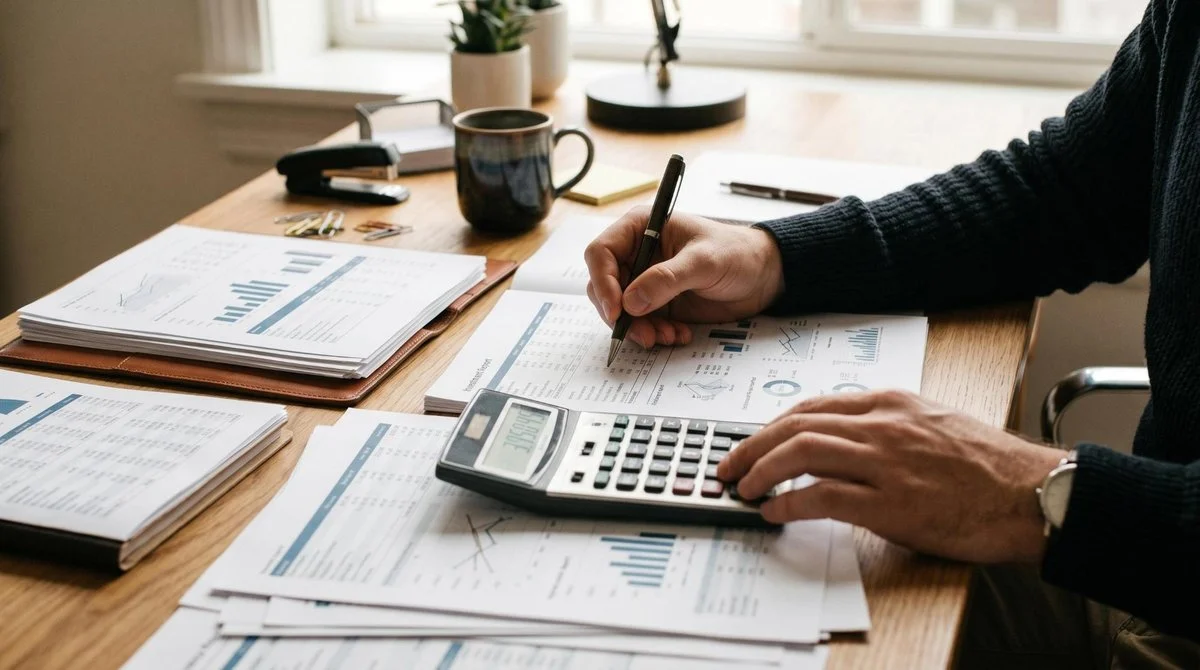 Ações ordinárias vs preferenciais: qual escolher para a sua carteira de investimentos 2 Mãos de uma pessoa segurando uma caneta sobre documentos financeiros e uma calculadora, com notas e relatórios de investimentos organizados sobre uma