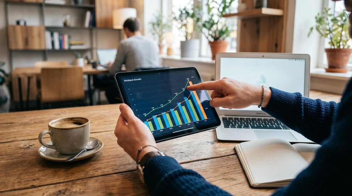 Ações ordinárias vs preferenciais: qual escolher para a sua carteira de investimentos 3 Close-up de uma pessoa apontando para um gráfico de dividendos em uma tablet, com xícaras de café e um notebook ao lado em um ambiente de trabalho cle