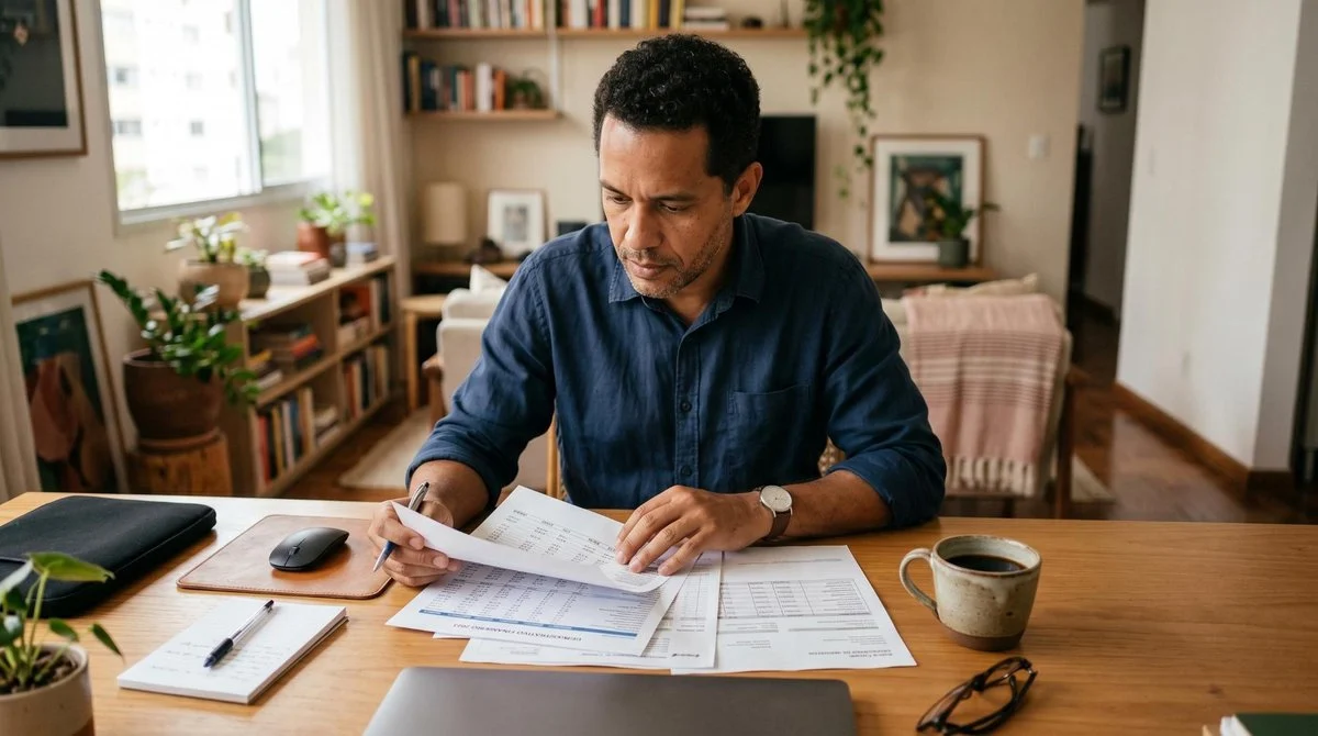 Investidor brasileiro concentrado verificando documentos fiscais em uma mesa de trabalho limpa, com uma xícara de café ao lado, em um ambiente domésti