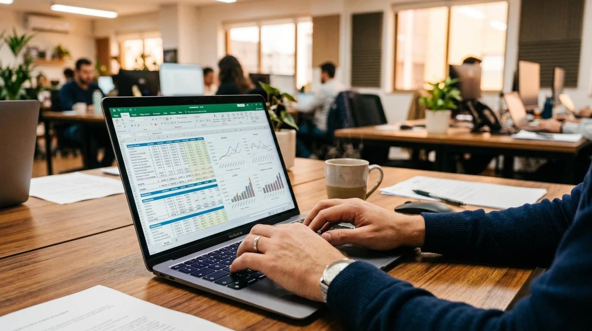 Mãos de uma pessoa digitando em um notebook com planilhas e cálculos visíveis na tela, em um ambiente profissional com tons quentes, representando a a