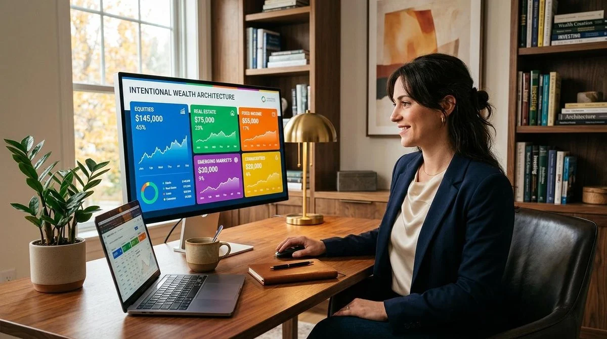 Uma pessoa em um ambiente de home office elegante visualizando um painel com diferentes categorias de investimentos organizadas em blocos coloridos so