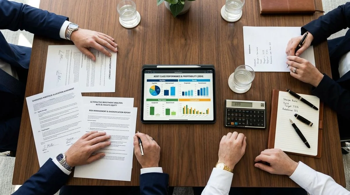 Visão de cima de uma mesa de reunião executiva com contratos de investimentos, tablet exibindo gráficos de rentabilidade, calculadora e caneta de alta