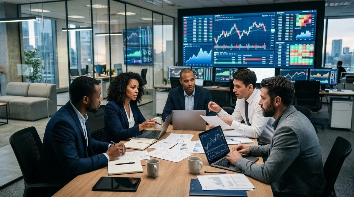 Uma equipe de consultores financeiros colaborando em um escritório contemporâneo com telas digitais exibindo dados de mercado ao fundo, focados em ela