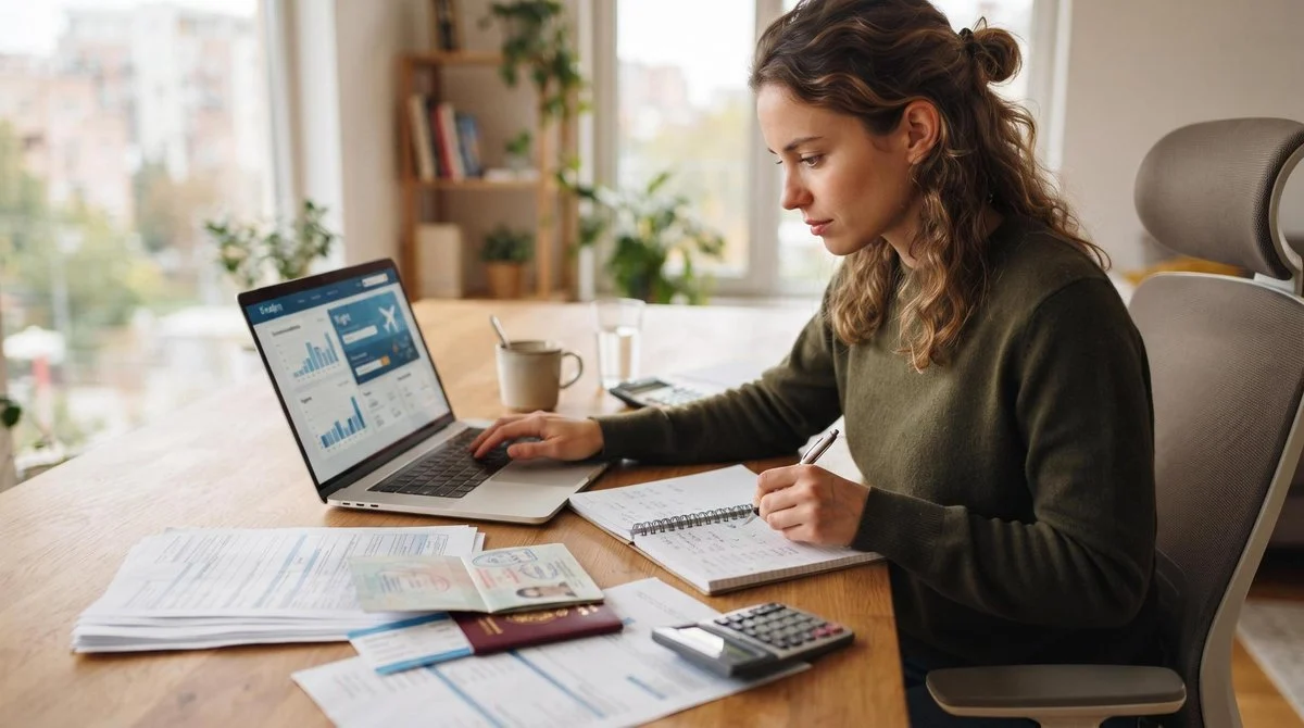 Uma pessoa jovem concentrada pesquisando em um laptop com xícara de café ao lado, anotando valores em um caderno enquanto organiza documentos financei