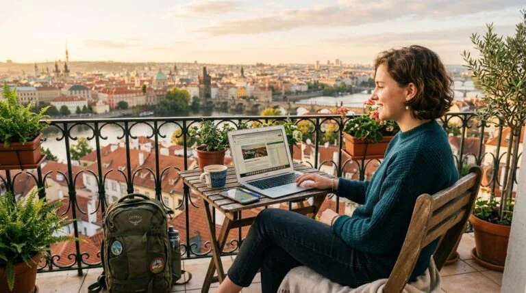 Pessoa com notebook aberto em uma mesa de café ao ar livre, planejando roteiro de viagem enquanto trabalha de forma remota