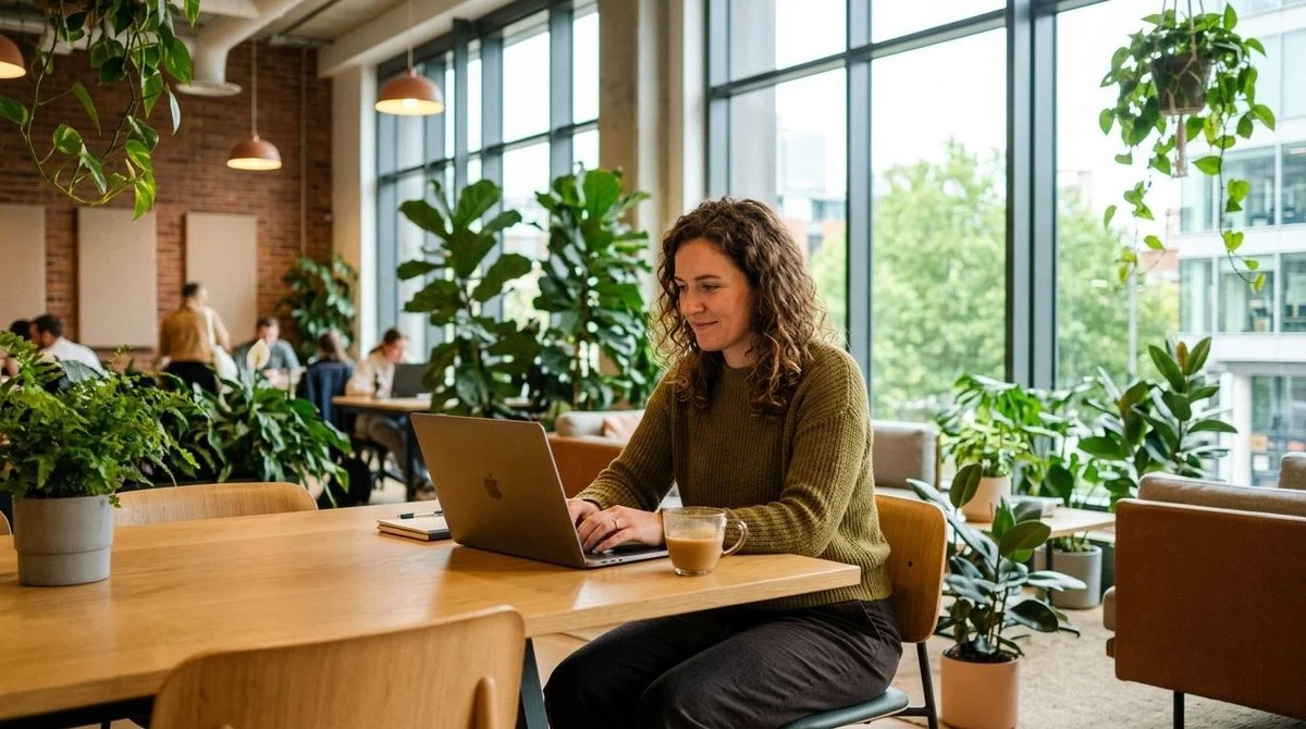 Profissional trabalhando com notebook em um espaço de coworking moderno e iluminado, com plantas e janelas amplas ao fundo, expressando concentração e