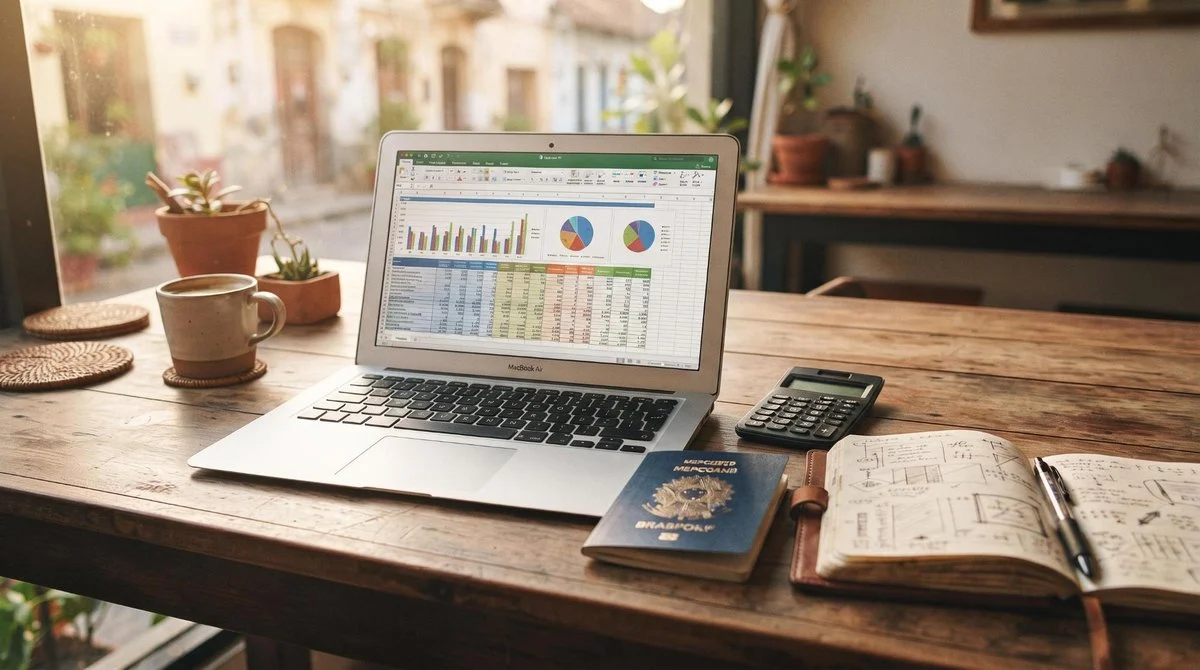 Mesa de trabalho organizada com notebook aberto, planilhas de orçamento na tela, caderno de anotações, calculadora e passaporte brasileiro ao lado, re