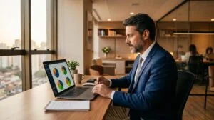 Pessoa analisando gráficos de alocação de ativos em um notebook para rebalancear sua carteira de investimentos