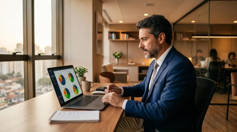 Pessoa analisando gráficos de alocação de ativos em um notebook para rebalancear sua carteira de investimentos
