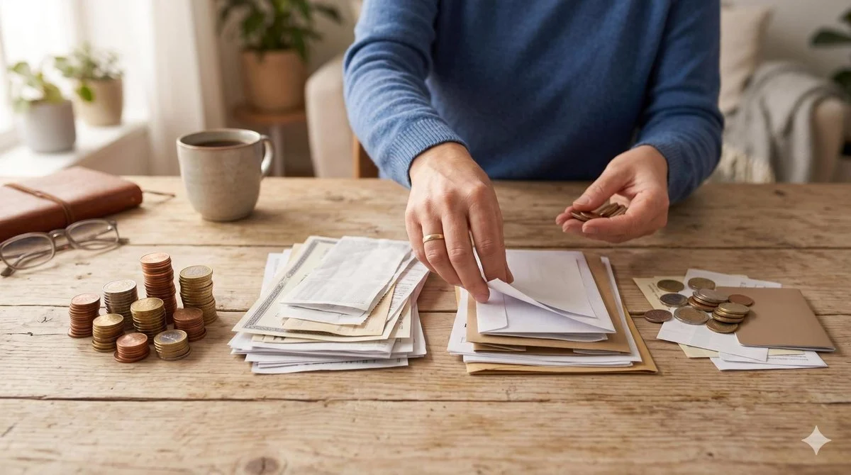 Mãos de uma pessoa organizando moedas e documentos em diferentes pilhas sobre uma mesa de madeira clara, representando a distribuição equilibrada entr