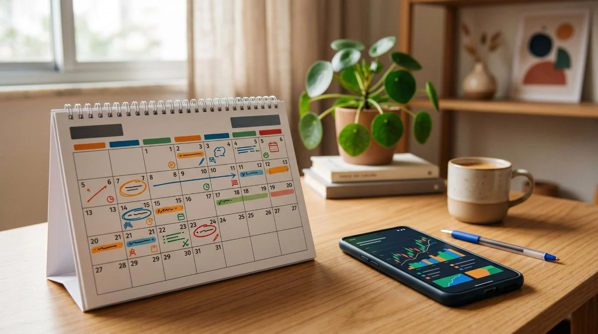 Calendário de mesa aberto com marcações coloridas ao lado de um smartphone exibindo aplicativo de investimentos com gráficos de desempenho, em um ambi