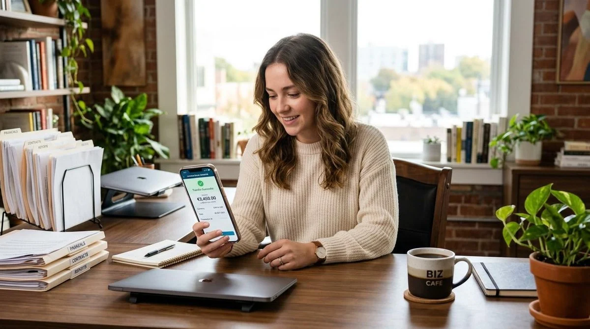 Pessoa jovem sentada à mesa de escritório elegante consultando transferência internacional no smartphone, com documentos organizados e uma xícara de c