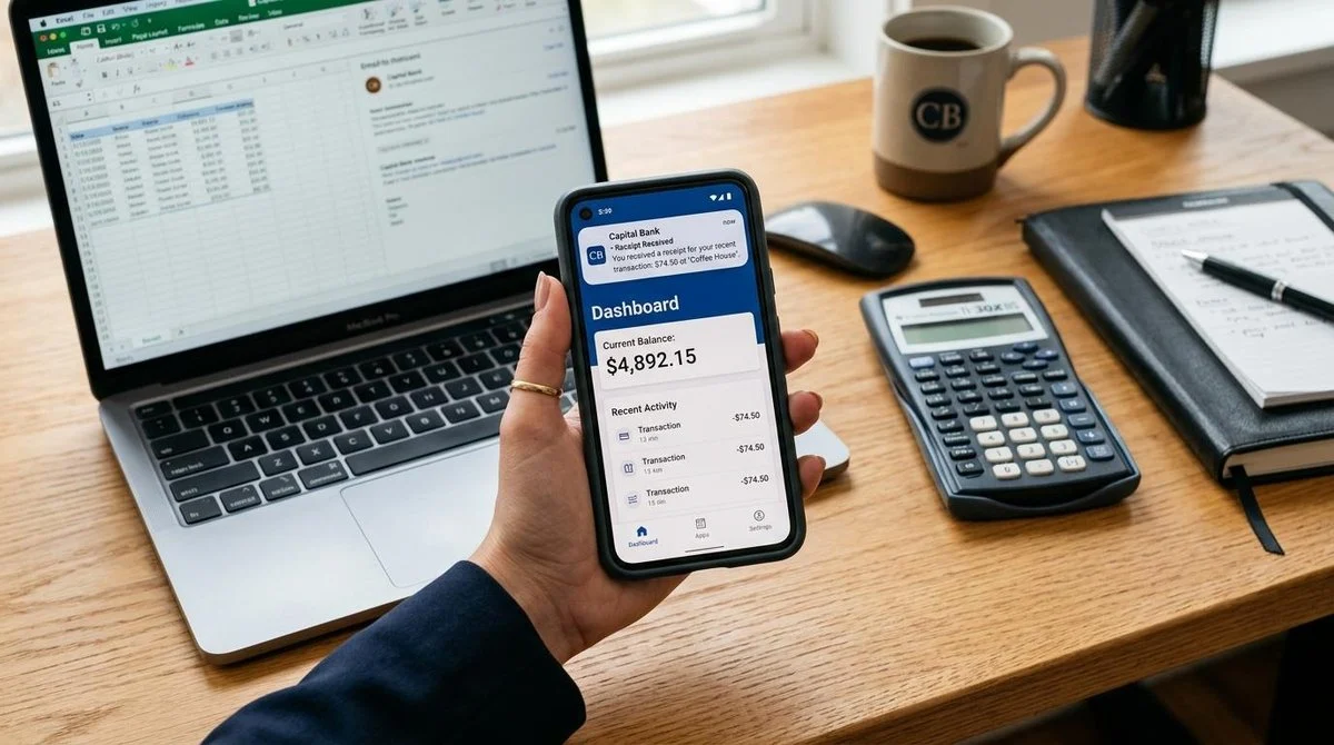Mão segurando smartphone exibindo aplicativo bancário com notificação de recebimento em dólar, sobre uma mesa de escritório com laptop ao fundo e calc