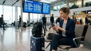 Pessoa consultando um aplicativo de transferência internacional em seu celular durante uma viagem ao exterior