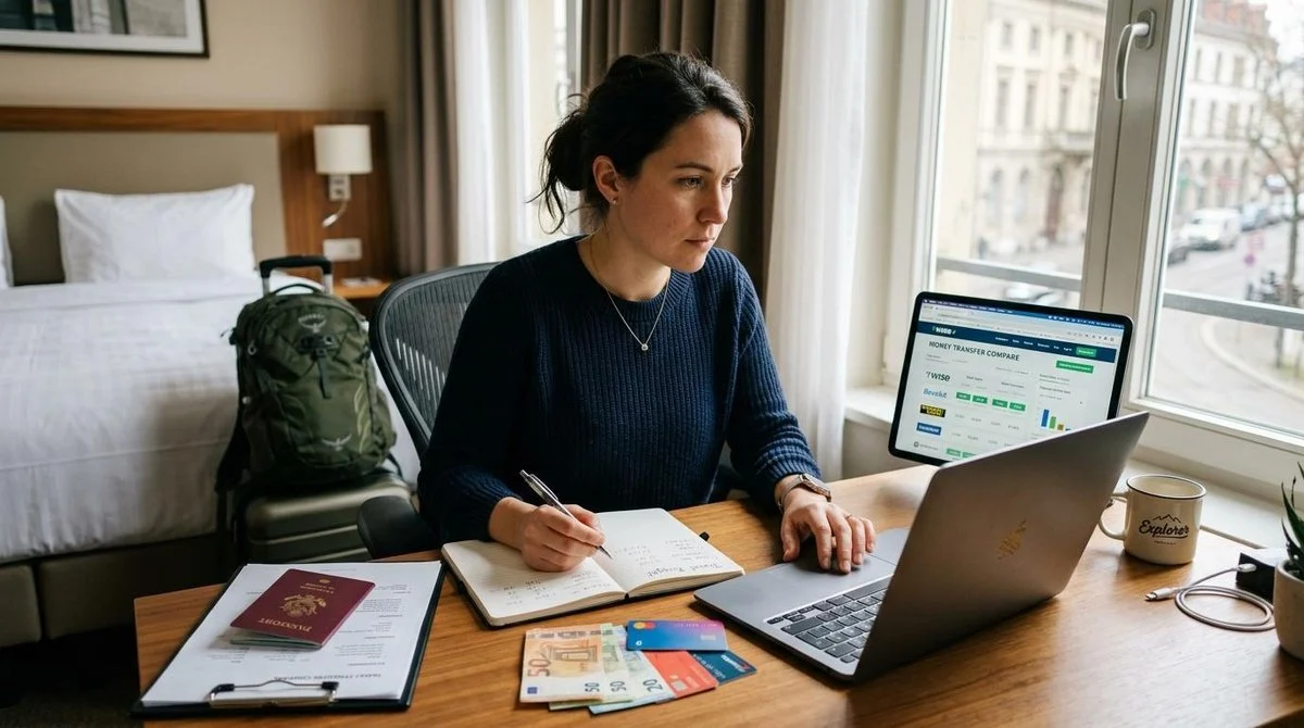 Um viajante sentado em uma mesa de hotel com laptop aberto e documentos de viagem organizados ao redor, analisando opções de envio de dinheiro com exp