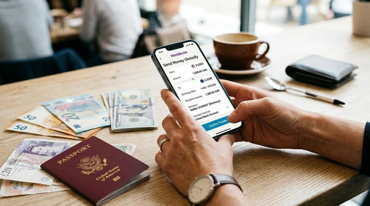 Mãos adultas segurando um smartphone moderno exibindo uma tela de aplicativo de transferência internacional, com notas de moeda estrangeira e um passa