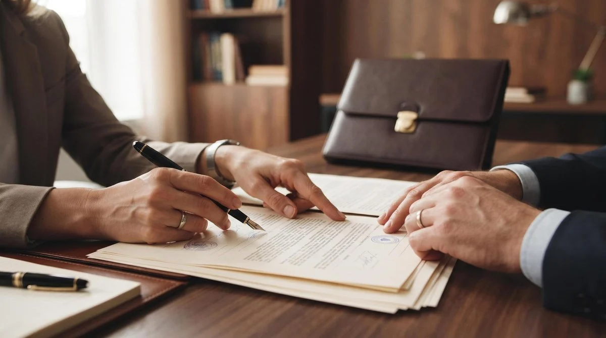 Mãos profissionais manuseando documentos jurídicos e contratos societários sobre uma mesa de escritório organizada, com caneta e pasta de documentos a