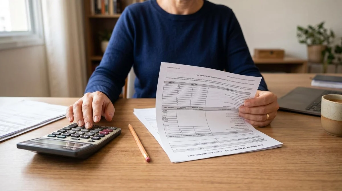 Mãos segurando um informe de rendimentos ao lado de uma calculadora e um lápis sobre uma mesa de trabalho organizada, representando a preparação para