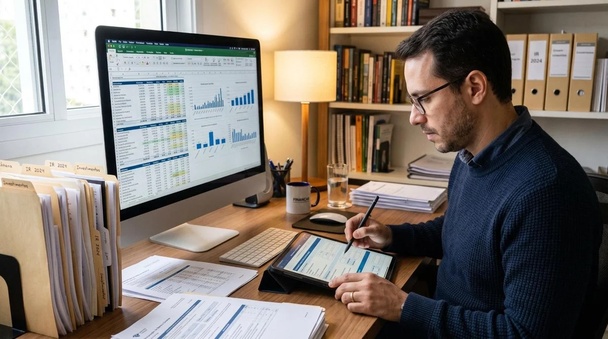 Homem focado preenchendo dados em um tablet enquanto observa planilhas e relatórios de investimentos na tela, simbolizando a organização das fichas na