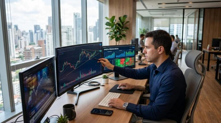 Pessoa analisando gráficos de ações em um notebook para avaliar um IPO na bolsa de valores