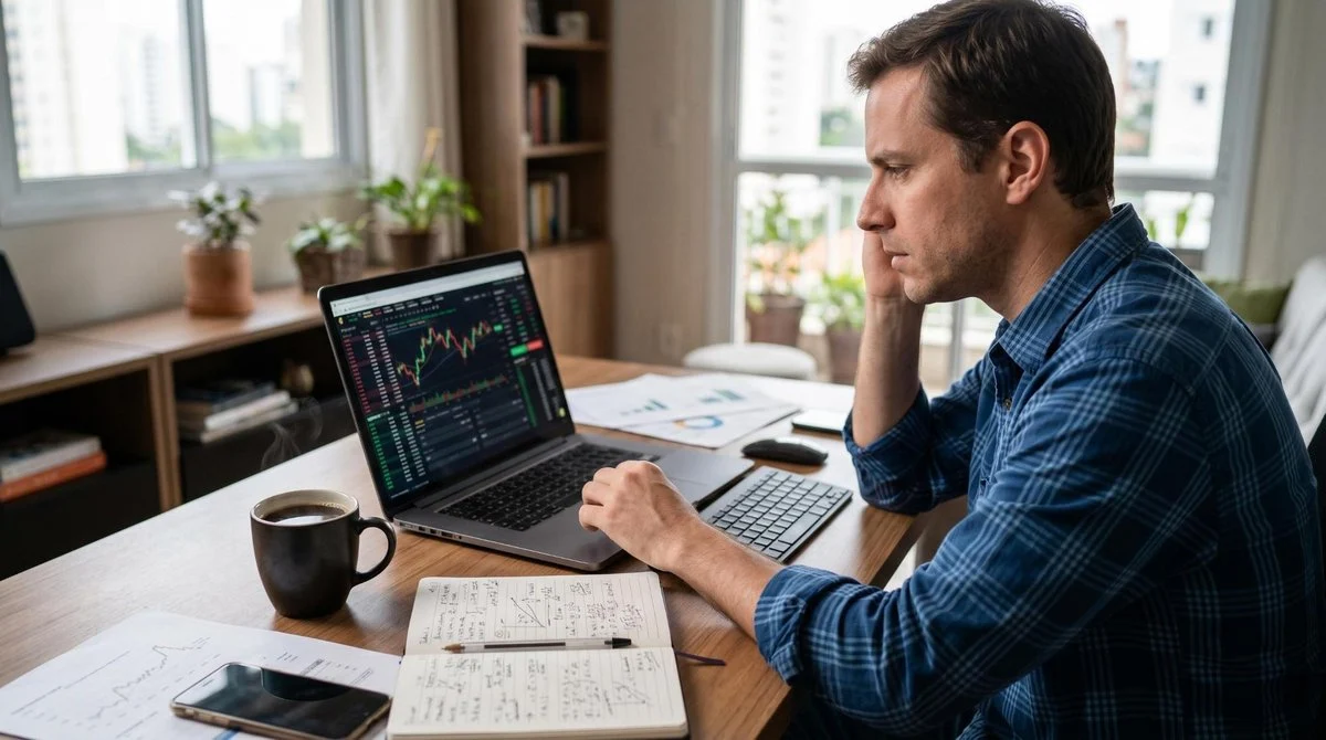 Um investidor sentado em frente a um notebook aberto em uma plataforma de home broker, com uma xícara de café ao lado e anotações sobre a primeira ofe