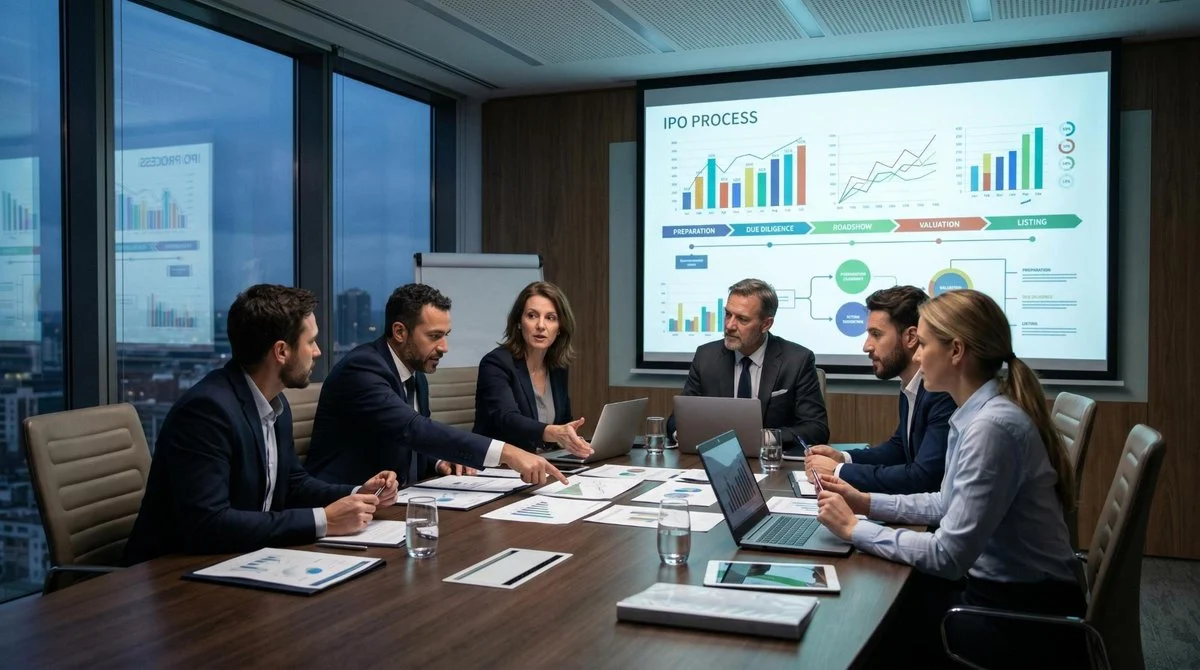 Uma reunião de negócios em uma sala de conferências com profissionais discutindo documentos financeiros e gráficos projetados em uma tela grande, repr