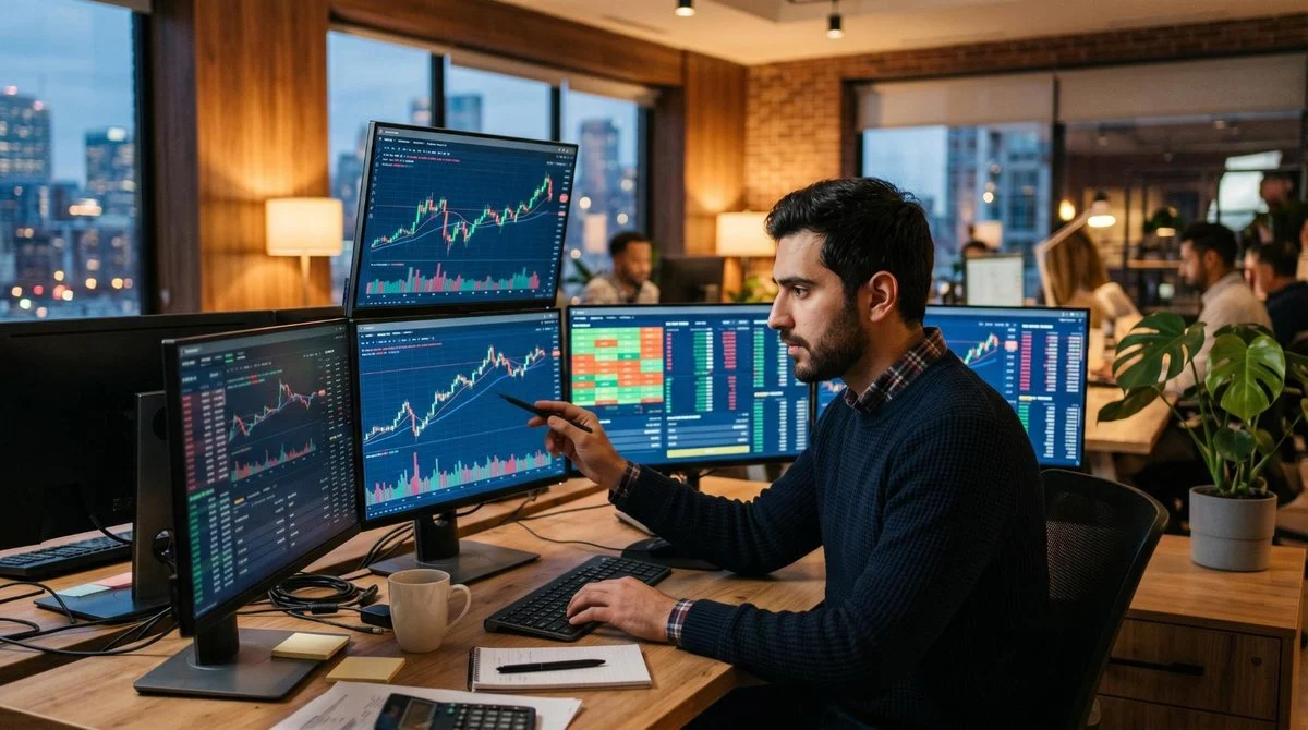 Uma pessoa analisando informações em múltiplas telas com gráficos financeiros e dados comparativos, ambiente de escritório contemporâneo com tons quen