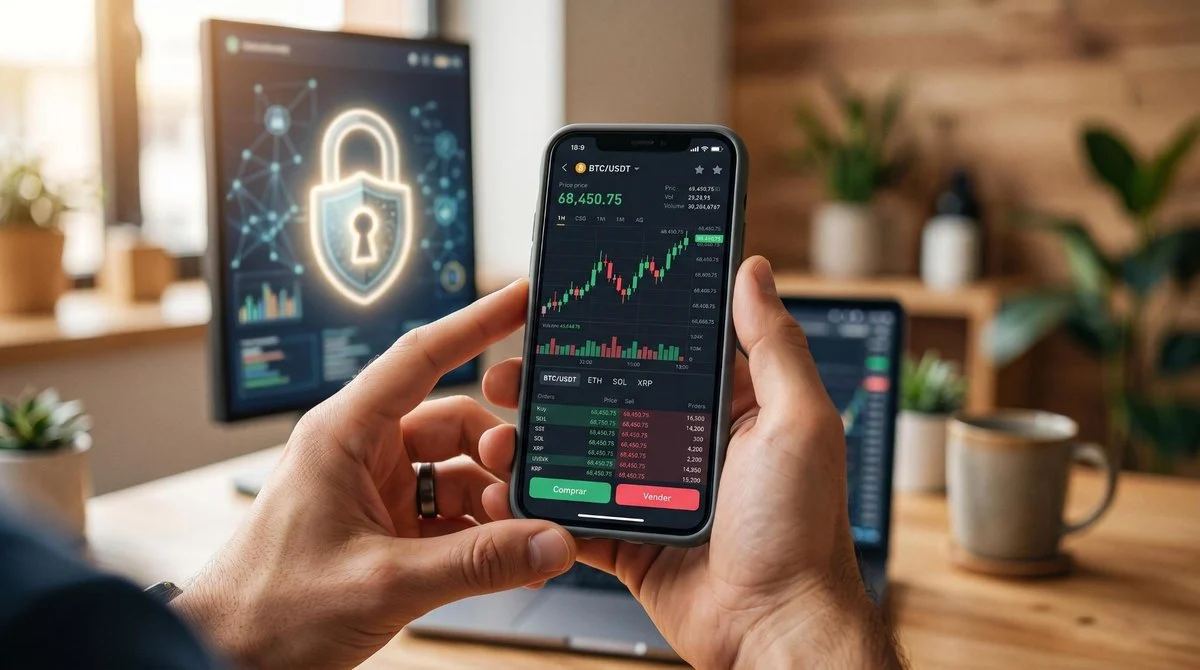 Mãos segurando um smartphone moderno com uma interface de negociação de criptoativos visível, elementos de segurança como um cadeado digital ao fundo,