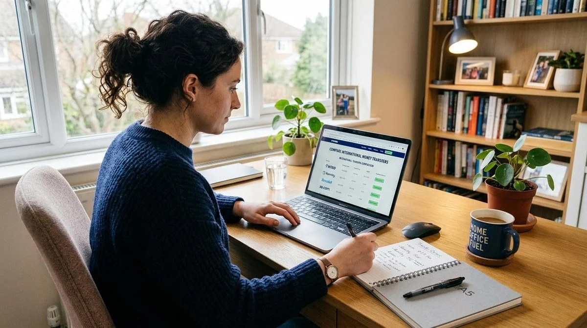 Pessoa sentada em mesa de escritório caseiro comparando opções de transferência bancária internacional em laptop aberto, com caderno de anotações e xí