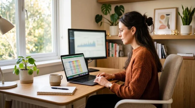 Pessoa organizando suas despesas mensais em uma planilha de controle financeiro no computador