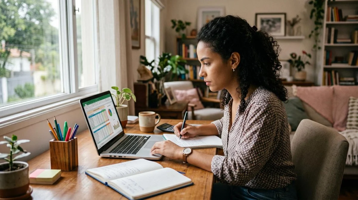 Uma jovem brasileira concentrada preenchendo seus gastos pessoais em uma planilha no computador, sentada em um ambiente doméstico aconchegante com cad