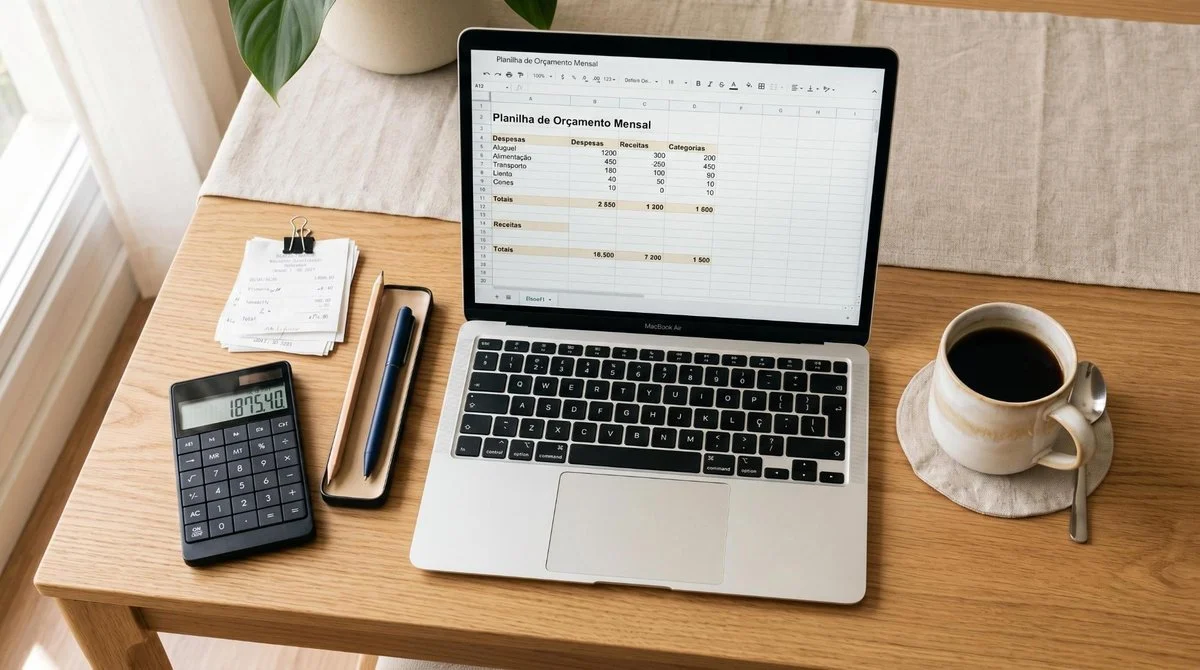 Visão de cima de uma mesa de trabalho clean com notebook aberto exibindo uma planilha de orçamento mensal, calculadora, recibos organizados e uma xíca