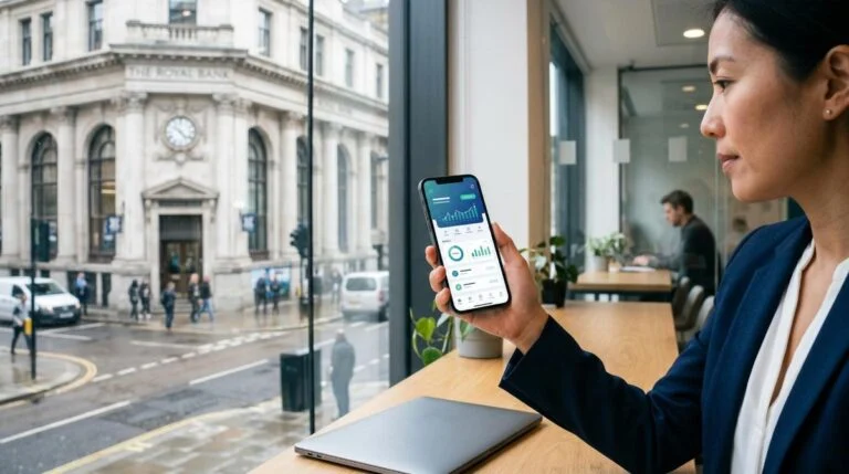 Pessoa comparando opções de conta digital e banco tradicional no celular enquanto analisa suas finanças pessoais