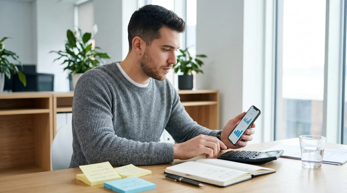 Um jovem profissional analisa o celular em uma mesa de escritório organizada com notas e calculadora, comparando opções financeiras com expressão pens