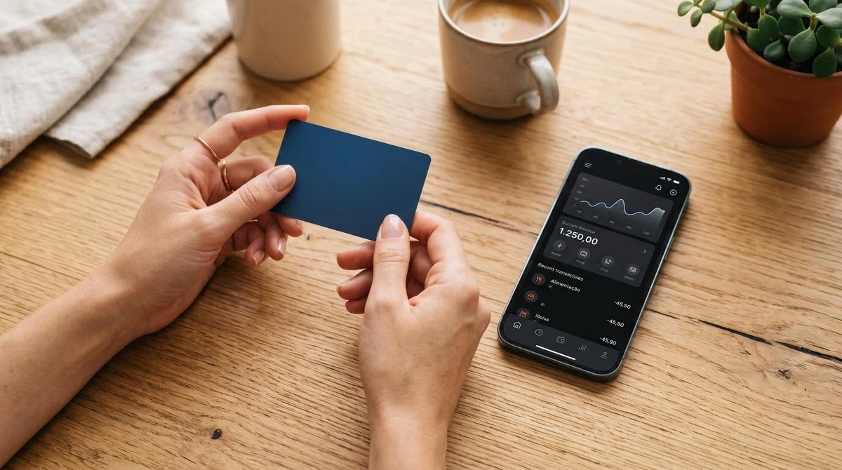 Mãos segurando um cartão de crédito sem anuidade ao lado de um smartphone com aplicativo bancário aberto, sobre uma superfície de madeira clara, compo