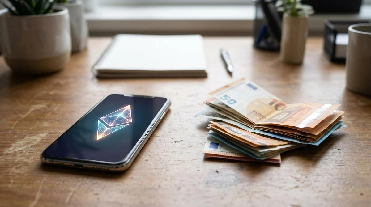 Smartphone sobre uma mesa de escritório mostrando um item digital único ao lado de notas de dinheiro, ilustrando visualmente a diferença entre ativos