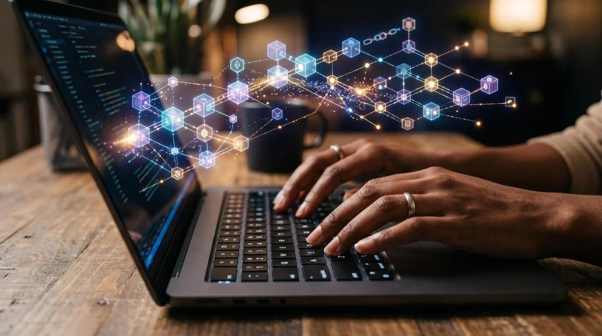 Close-up de mãos digitando em um laptop com visualização abstrata de blocos conectados e nós de rede, representando a tecnologia blockchain por trás d