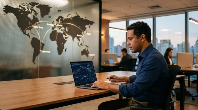 Pessoa analisando documentos e extrato bancário internacional em um notebook sobre a mesa