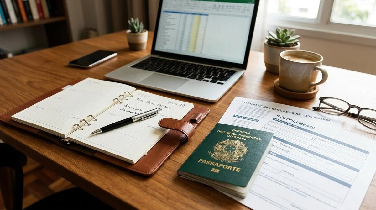 Mesa de escritório organizada com passaporte brasileiro, documentos bancários internacionais e uma caneta sobre uma agenda, ilustrando o processo de a