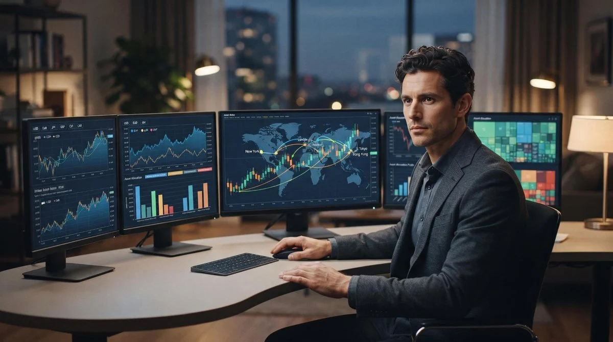 Investidor analisa diversificação de patrimônio em múltiplas telas mostrando diferentes moedas estrangeiras e gráficos de investimentos globais, repre