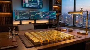 Pessoa analisando gráficos de investimento em ouro em um notebook sobre uma mesa de escritório