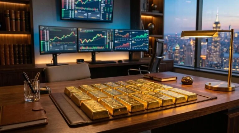 Pessoa analisando gráficos de investimento em ouro em um notebook sobre uma mesa de escritório