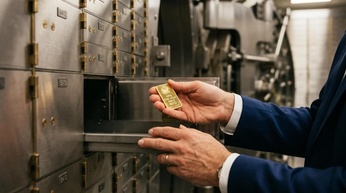 Mãos de pessoa adulta segurando uma pequena barra de ouro físico dentro de um cofre bancário aberto, representando a proteção patrimonial e a reserva