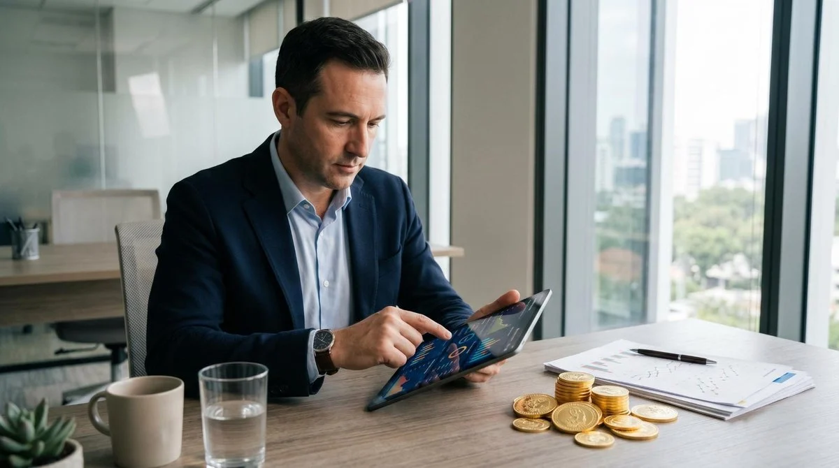 Investidor analisando diferentes opções de investimento em ouro em um tablet sobre uma mesa de escritório moderna, com moedas de ouro e gráficos finan