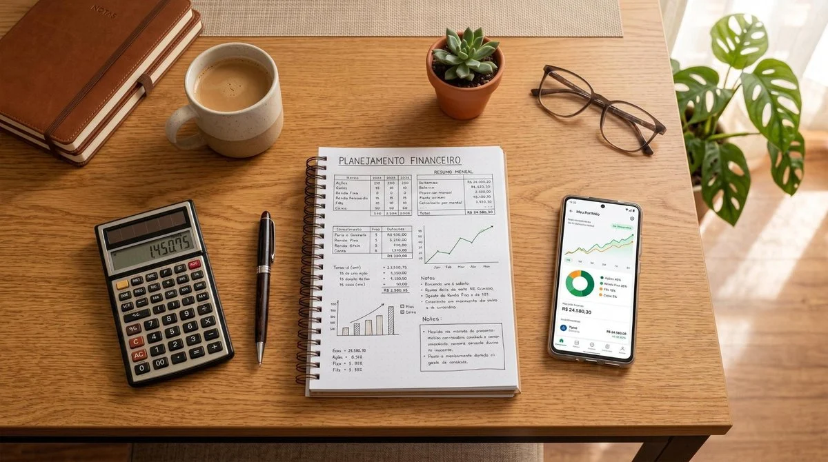 Visão de cima de uma mesa organizada com calculadora, documentos de planejamento financeiro, caneta e smartphone aberto em um aplicativo de investimen