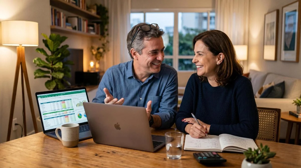 Casal de meia-idade sorrindo enquanto conversa e analisa planilhas financeiras em um laptop em casa, representando o planejamento conjunto para aposen