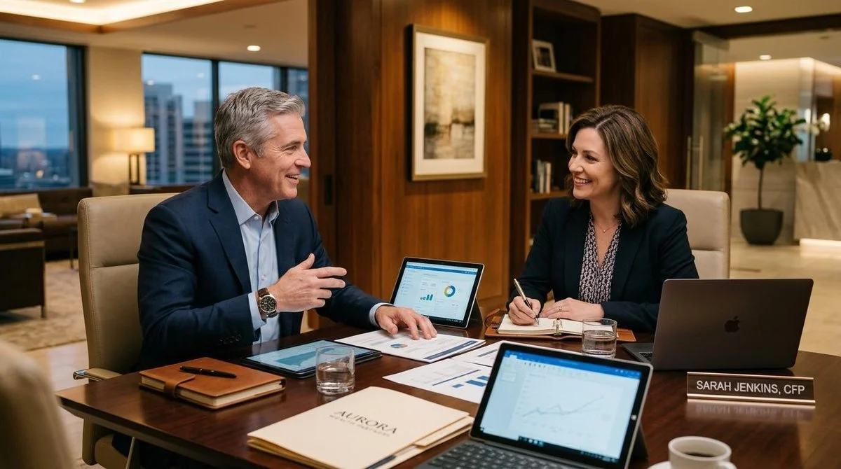 Executivo de meia-idade conversando com assessor financeiro em uma mesa de reunião elegante, com documentos e tablets sobre a mesa, em um ambiente cor