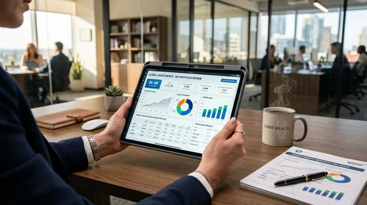 Mãos de um profissional segurando um tablet que exibe dashboards financeiros e relatórios de investimentos, sobre uma mesa de escritório contemporâneo
