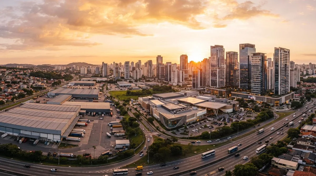 Panorama urbano brasileiro mostrando prédios comerciais de vidro, galpões logísticos e centros de compras modernos em um horizonte de cidade, capturad